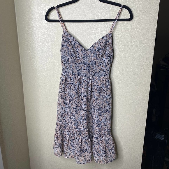 Hollister Tank Dress Sleeveless Spaghetti Strap Ruffle V-Neck Blue Floral Sz XS - Picture 1 of 8